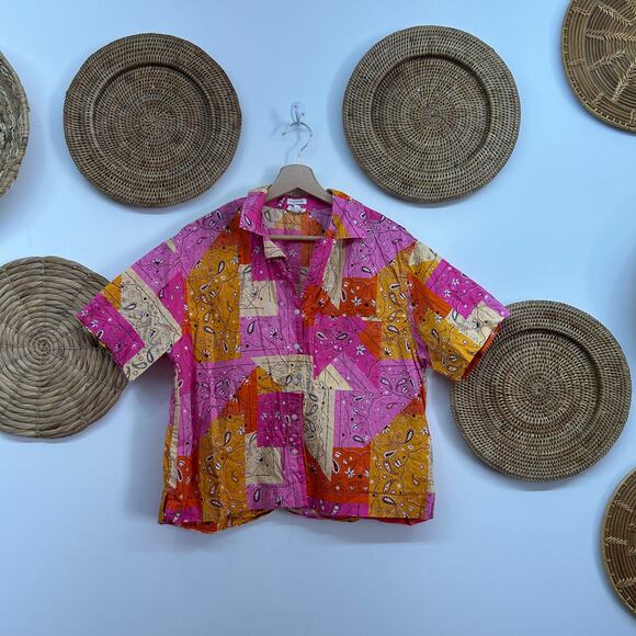 Aerie Colorful Paisley Summer Tropical Print Button Up Short Sleeve Top Small - Picture 1 of 7